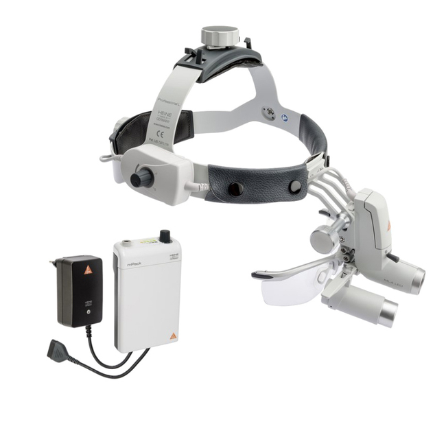 Heine ML4 LED HRP 3.5x - налобный светодиодный осветитель ML4 LED в комплекте с бинокулярными лупами HRP 3,5x с креплением i-View и защитным щитком S-Guard | Heine (Германия)